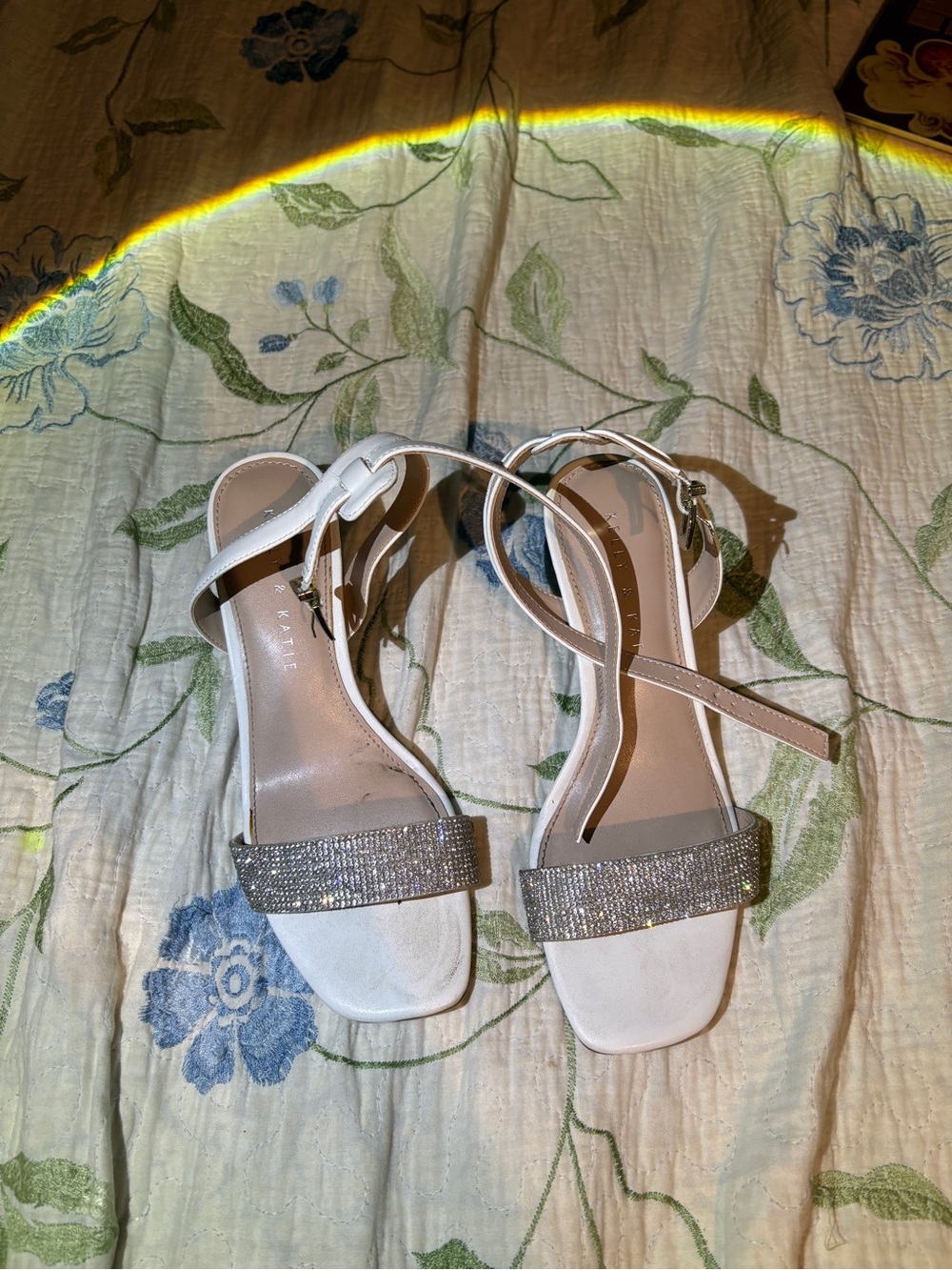 Women's White Ankle-Strap Sandals with Rhinestone Band